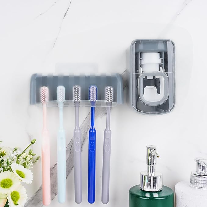 5 Slots Wall Mount Toothbrush Holder with Cover, Self Adhesive Toothbrush Storage Organizer for Shower, Toothbrush Hanger with Automatic Toothpaste Squeezer Dispenser (Grey)