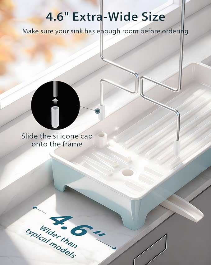Minimalist Sink Caddy, Rustproof Sponge Holder for Kitchen Sink with 304 Stainless-Steel Brush Holder, Countertop Rack Organizer with Raised Ridges & Silicone Drain Tube (Pastel Blue)