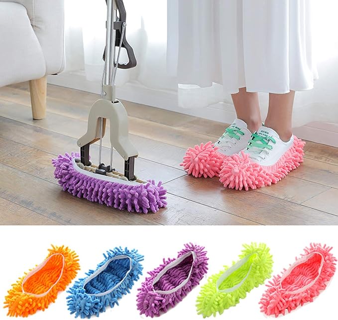 Acronde 5Pairs Multi Function Duster Mop Slippers Shoes Cover Chenille Fiber Washable Foot Socks Floor Cleaning Tools Shoe Cover for Bathroom, Office, Kitchen, House Polishing Cleaning