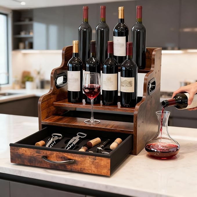Liquor Bottle Display Shelf 3 Floors with Drawers Countertop Wine Rack can Accommodate 12 Bottles and 36 K Cups, Minibar Coffee Syrup Storage Box, Whiskey