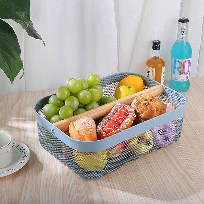 Metal Mesh Steel Storage Basket, Garden Harvest Wire Organizer Basket Multi-functional Kitchen Fruit Basket with Wooden Removable Partition & Handle for Bathroom Picnic Decor Cabinet, Blue