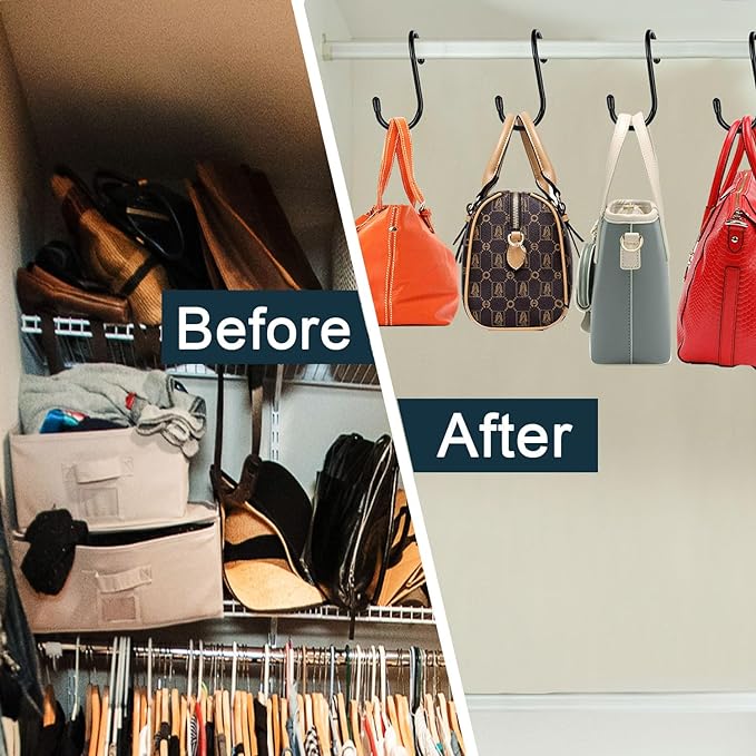 HiGift 8 Pack Purse Hanger for Closet, Vinyl Coated Unique Twist Design Black Bag Hanger Hooks, 5 Inch Large Closet Rod Home Storage Hooks Purse Organizer for Hanging Handbags, Belts, Hat, Backpack