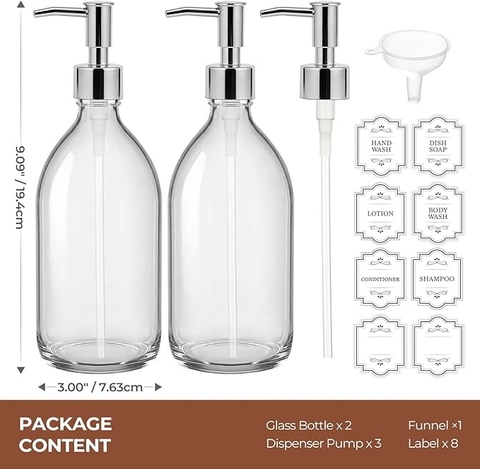 16 oz Clear Glass Soap Dispenser with Plastic Silver Pump, Glass Pump Bottle for Lotion Body Oil, 500ml Hand and Dish Soap Dispensers for Bathroom Kitchen - 2 Pack