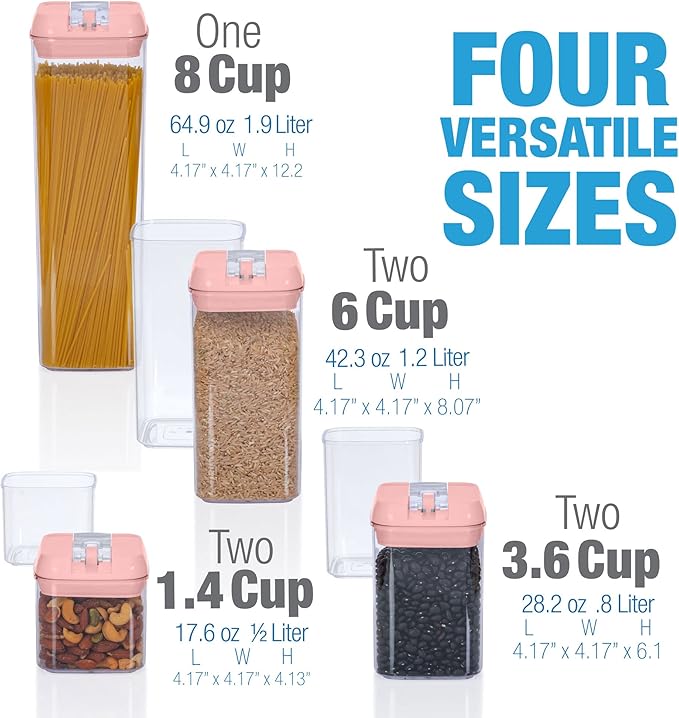 Set of 7 Airtight Food Storage Containers - Pantry Organizer Bins, BPA Free Plastic Containers plus Dry Erase Marker and Labels, Pink