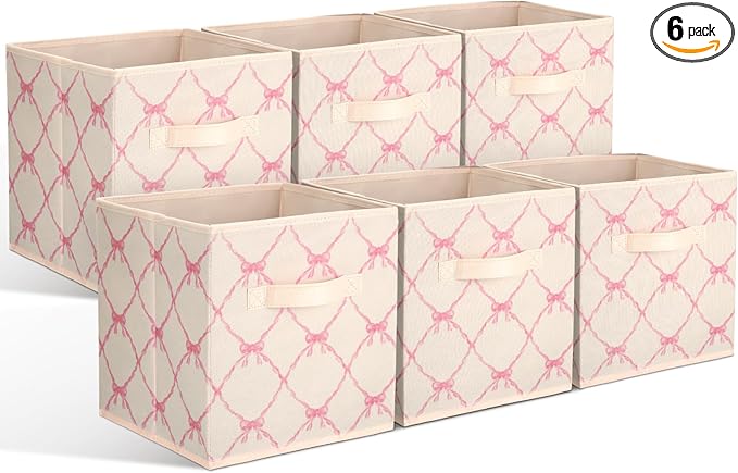 Geelin 6 Pcs Beige Bow Cube Storage Bins 13 Inch Storage Basket with Handle, Girls Organizer Basket, Collapsible Fabric Box for Classroom Bedrooms Office Home Decoration Gift