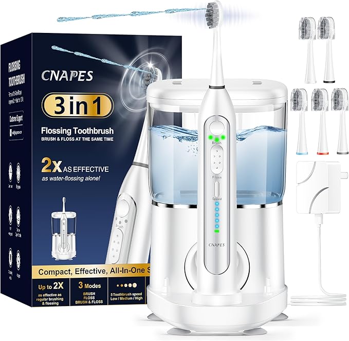 Electric Toothbrush with Water Flosser Combo in One - Sonic Flossing Toothbrushes for Teeth Cleaning, Rechargeable,Portable Cordless Water Flosser for Adults, 17oz Large Tank, 3 Modes & 5 Brush Heads