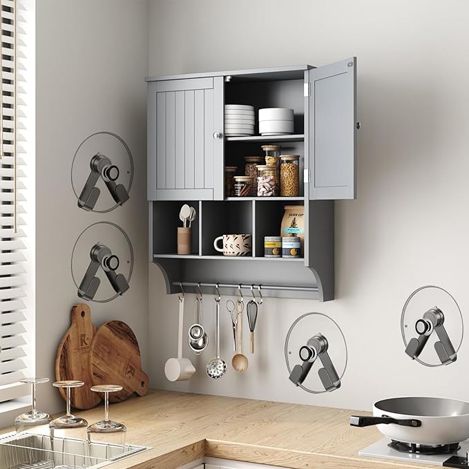 2 Pack Pot Lid Holder - Adjustable Wall-Mounted Pot Lid Organizer for cabinet with Suction Cup, Heavy Duty Multifunctional Hooks for Cutting Board, Pan (Gray)