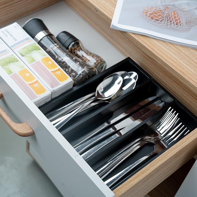 Silverware Organizer Bamboo Kitchen Drawer Organizer, Flatware Organizer Tray for Kitchen, Flatware, Utensils（Black）