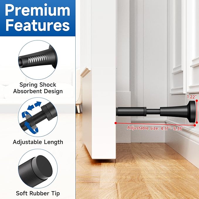 2pcs Adjustable Spring Door Stops, 4.17-5.35in Aluminum Long Door Stoppers with Silicone Tip, Matte Black Door Stop for Bottom of Door, Screw & Adhesive Installation, Black