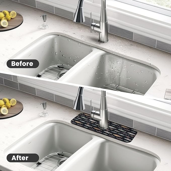 Vintage Fish Fishes Ocean Fishing Kitchen Sink Splash Guard Faucet Mat Super Absorbent Fast Drying Mat Sink Gadgets-Fast Drying Pad Sink Mat For Kitchen Bathroom (15" X 5.5" )