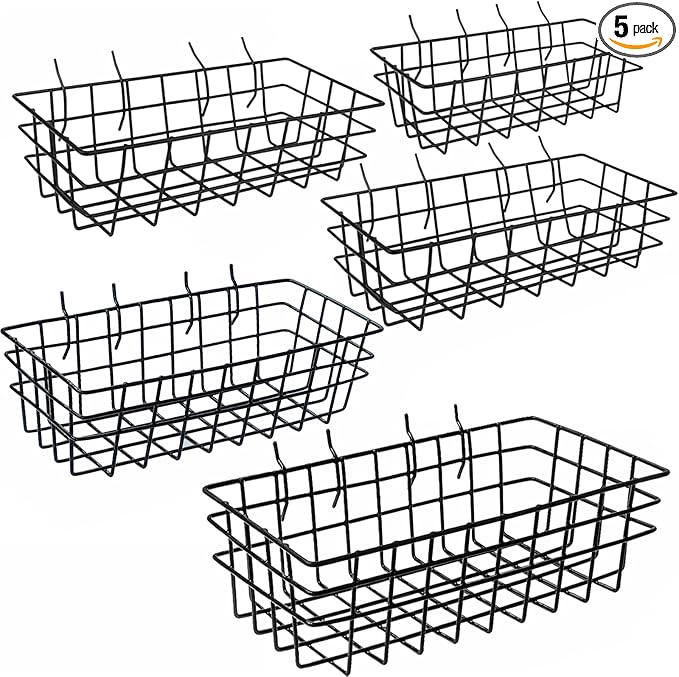 5-Piece Pegboard Baskets Set - Heavy Duty Peg Board Organizer Accessories Bin Set, Premium Black Metal Wire Baskets Tool Shelves, Wall Mount Storage for Garage Workshop Craft Room
