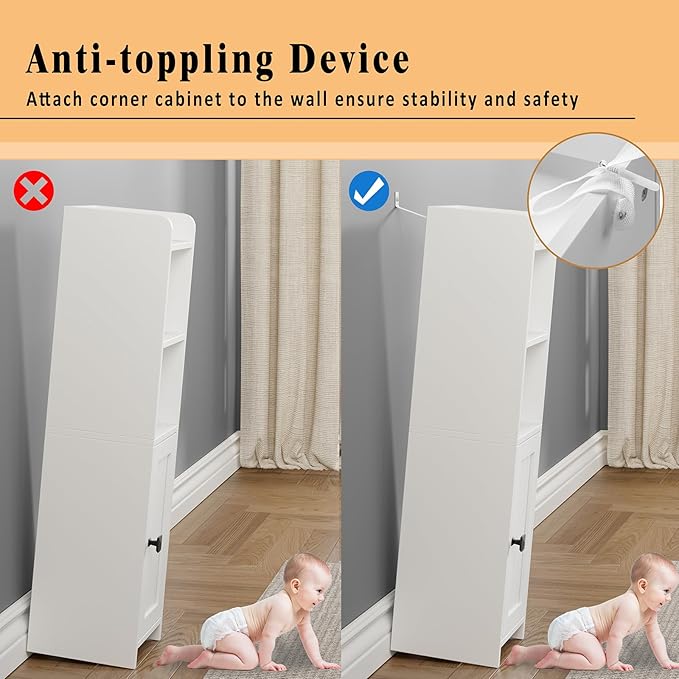 Small Bathroom Storage Cabinet Corner, Floor Cabinet with Adjustable Shelves, Freestanding Narrow Bathroom Toilet Paper Organizers for Small Spaces (White)