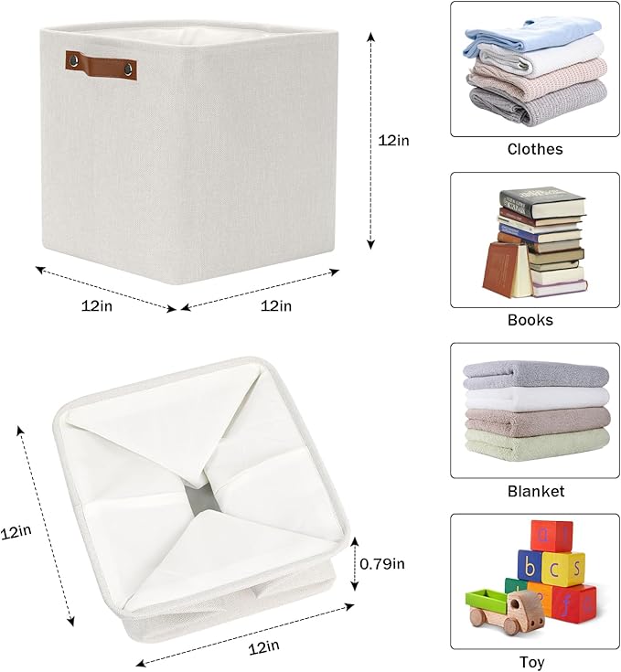 HNZIGE Foldable Cube Storage Bin(4 Pack) Storage Baskets for Shelves, Closet,12x12 Storage Cube Bins Baskets for Cube Organizer, Fabric Storage Cubes for Storage Home Organization with Handles(Cream)