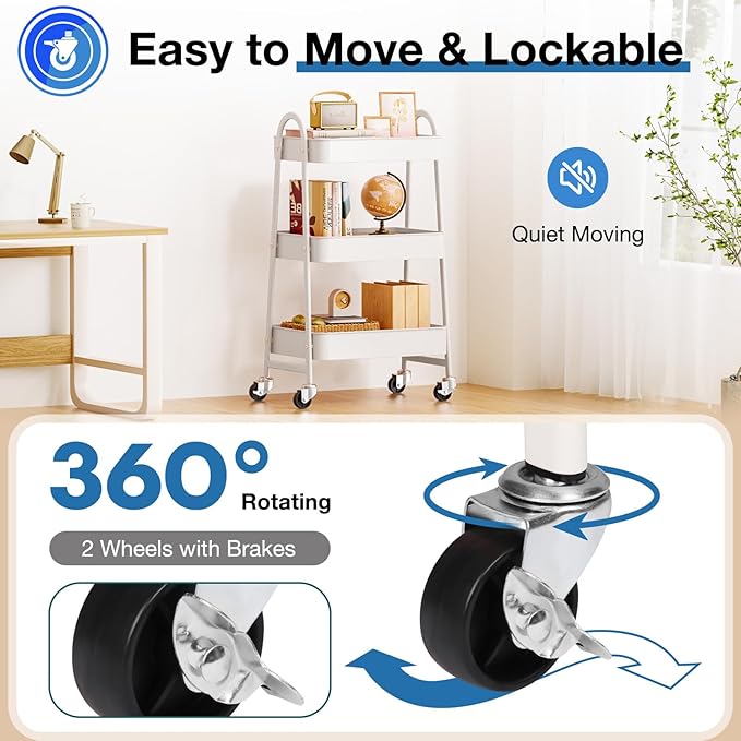 OLIXIS 3 Tier Utility Rolling Cart, Metal Mobile Storage Shelf with Lockable Caster Wheels, Organization for Livingroom, Bathroom & Narrow Places, White