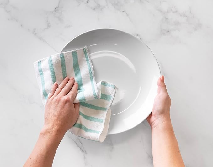 Martha Stewart Microfiber Cleaning Cloths, Ultra-Absorbent, Lint-Free Cleaning Towels for Home & Kitchen, Teal Stripes, 11 Inches, 24 Count