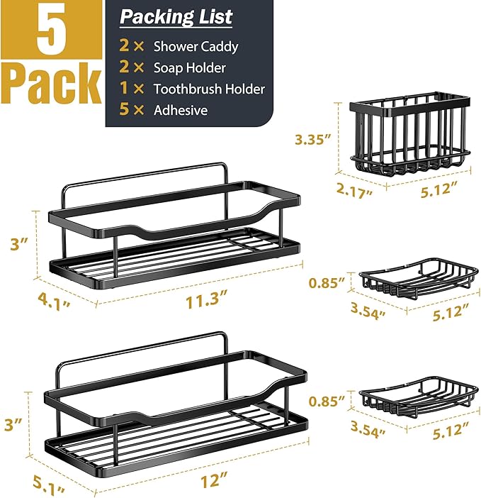 OMAIRA 5-Pack Shower Caddy with Soap Holder, Adhesive Rustproof No-drill Strudy Loading Inside Shower Organizer Shelves Rack Storage Bathroom Organization for Smooth Wall Glass Tile, Black (X-Large)