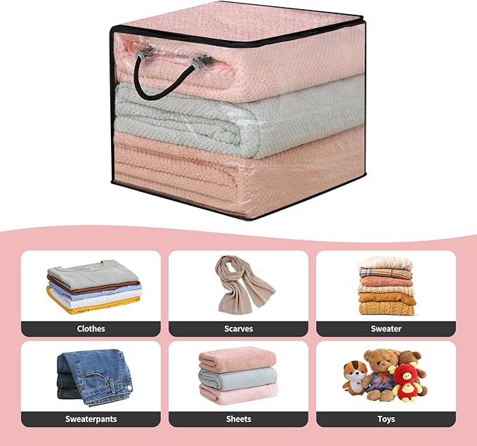 10 PCS Clear Zippered Storage Bags with Handles,Sweater Storage with Two-Way Zipper,Foldable Closet Organizer Bed Sheet Organizer,Cube Plastic Organizer,Bag,Bin for Clothes,Towel-BK