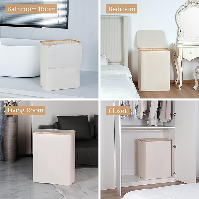 150L Laundry Basket with Lid, Large Laundry Hamper with Bamboo Handle, Collapsible Dirty Clothes Hamper Organizer with 2 Removable Inner Bags for Clothes Toys Towels - Beige