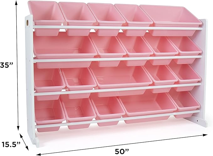 Humble Crew Extra-Large Toy Organizer with 20 Plastic Bins – Pink/White Storage Rack with 4-Tier Shelves, Anti-Tip Safety, for Kids’ Rooms, Playrooms, Nurseries & Classrooms