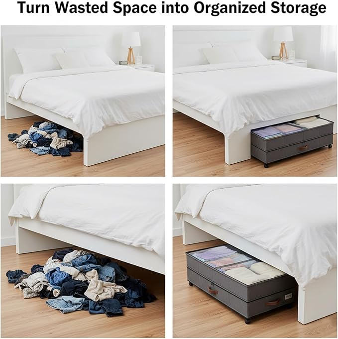 Under Bed Storage with Wheels, 72L XXL Large Capacity Under bed Storage Container with Clear Lids, 11 inches Height UnderBed Shoe Bins for Blanket, Clothing, Comforter, Sweaters, Pillows