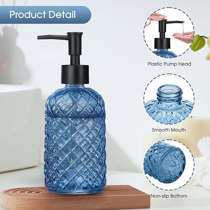 2 Pack Gem Glass Soap Dispenser with Black Plastic Pump, 13oz Liquid Hand Soap Dispenser, Rustproof Pump for Kitchen & Bathroom, Great for Lotions, Essential Oil, Liquid Soaps-Blue