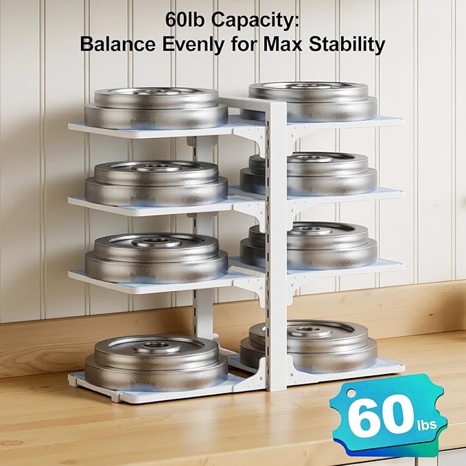 LAMU Pots and Pans Organizer under Cabinet, 8 Tier Heavy Duty Pan Organizers inside Cabinet, Adjustable Pot Rack for Small Kitchen Storage, 15" Height Holds Cast Iron Pans and Skillets White