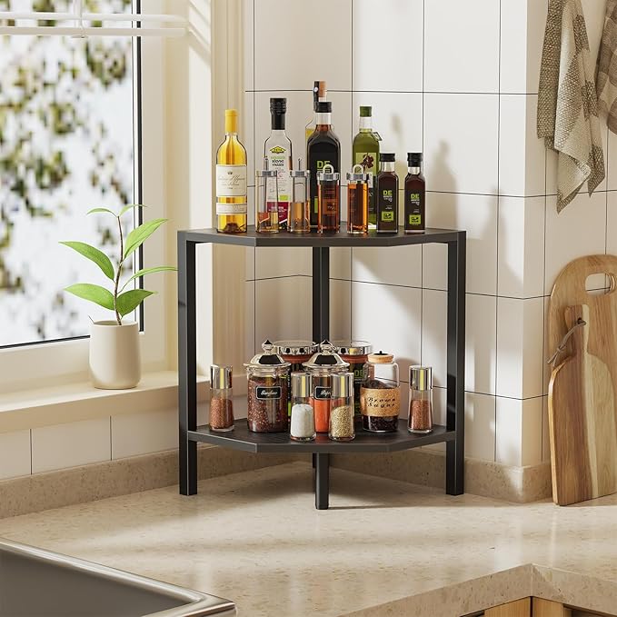Corner Shelf Stand, 2 Tier Industrial Corner Bookshelf, Multipurpose Standing Corner Display Shelf Countertop Organizer for Living Room Kitchen Bedroom Office, Black