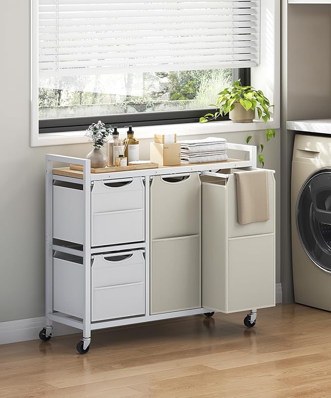 HOOBRO Laundry Sorter with 4 Section, 39 Gal. (147 L) Laundry Hamper with Wheels, Rolling Laundry Basket with Shelves, Pull-Out Detachable Bags, Side Pockets, White, Natural and Beige WNE14XY01N1