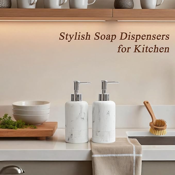 2pcs/Set Hand Soap Dispenser Sets - 10.8oz Refillable Resin Liquid Soap Dispensers with Rust-Proof Pump for Bathroom Countertop or Kitchen, Marble White