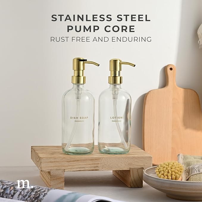 MaisoNovo Soap Dispenser 2-Piece Set | 16.9oz Clear Bottles with Gold Stainless Steel Pump Core