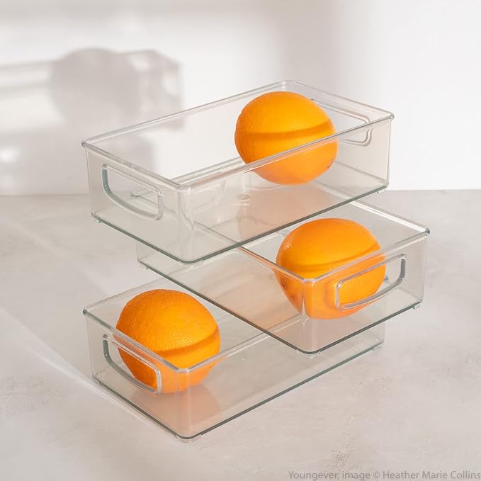 Youngever 2 Pack Stackable Plastic Storage Organizer Container Bin, Stackable Storage Bins with Handler for Refrigerator, Pantry (10" x 6" x 3")