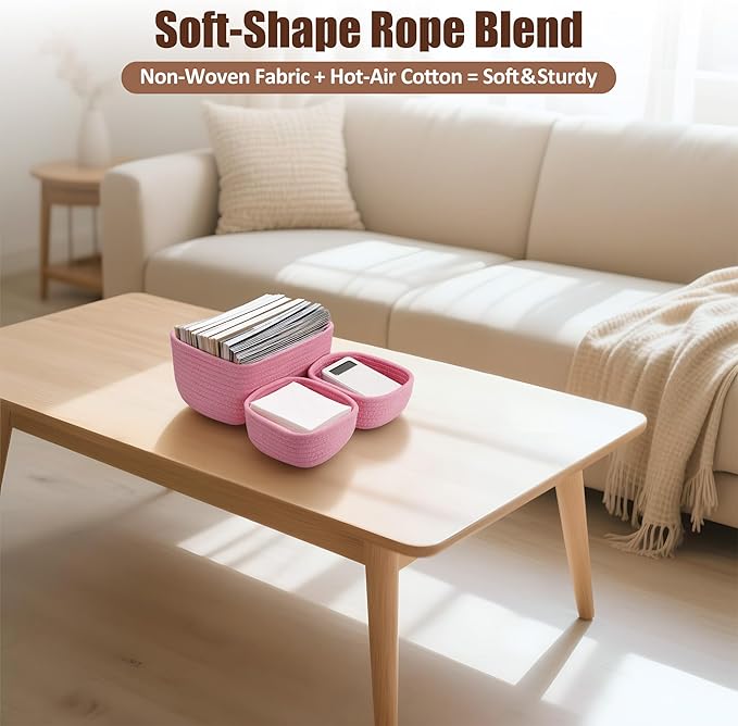 5-Pack Small Woven Rope Storage Baskets – 2 Sizes Organizer Bins for Closet, Shelf, Bookshelf, Nursery, Changing Table, Fabric Cube Boxes, Rectangular Shallow Bins for Bathroom, Toy & Home