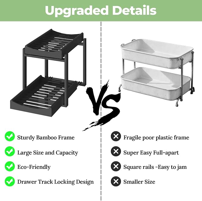 Bamboo Under Sink Organizer and Storage, 2 Pack Pull Out Cabinet Organization, 2 Tier Vertical Slide Out Undersink Storage Shelf, Multi-Purpose Organizer Shelves for Kitchen Bathroom Medicine, Black