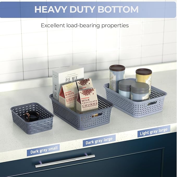 6 Pack Plastic Storage Baskets, Small Baskets for Organizing, Plastic Storage Bins Wicker Pantry Organizer Bins Household Toys for Laundry Room, Bedrooms, Kitchens, Cabinets, Countertops