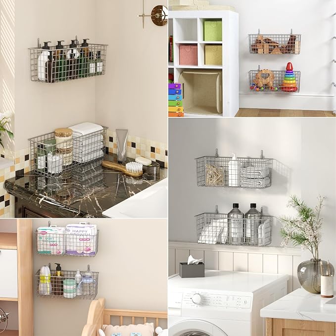 2 Sets Extra Large Hanging Wall Basket, Grey Metal Wire Baskets with Steel Hooks for Organizing, WallmountedFruit Vegetable Toy Snack Storage, Home Kitchen Bathroom Laundry Pantry Organizer