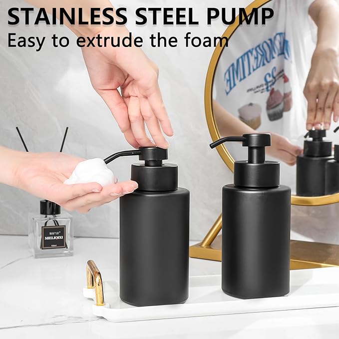 Foaming Soap Dispenser Set, 12 Oz Glass Hand Soap Dispenser with 304 Rust Proof Stainless Steel Pump, Waterproof Labels, for Bathroom Decor Kitchen College Dorm, Black