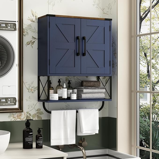 RUSTOWN Farmhouse Medicine Cabinet with 2 Barn Door, Boho Wood Wall Mounted Storage Cabinet with Adjustable Shelf and Towel Bar, 3-Tier Bathroom Cabinet for Bathroom (Navy Blue and Walnut)