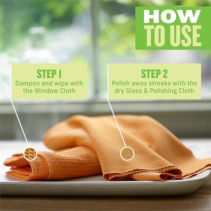 E-Cloth Microfiber Window Cleaning Cloth Kit - Glass Cleaning Cloth for Windows, Mirrors, Cars, Lenses, Eyeglasses, & More, Streak Free Clean, Machine Washable Reusable Towel - Tangerine Orange