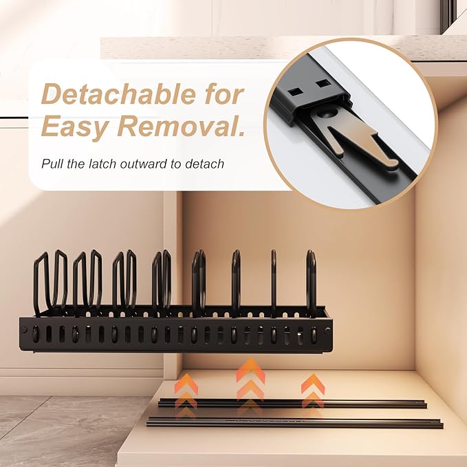 Pots and Pans Organizer Under Cabinet 2 Pack, Pull-Out Cabinet Organizer for Pot Lids, Bakeware, Dishes, 8 Adjustable Dividers (Black