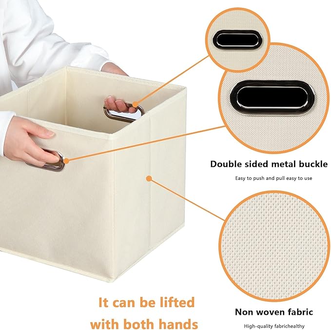 Fabric storage bins Cubes, Fabric Cube Organizer with Handle, Foldable Cube Bins for Cloth or Accessary Storage, 11x11x11, Set of 12, (Creamy White)