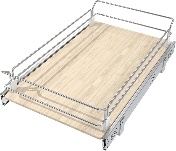 Pull Out Cabinet Organizer 15" W X 22" D, Slide Out Drawers For Kitchen Organizers and Storage, Pull Out Drawers For Cabinets Capacity Heavy Duty Caddy, Cabinet Shelves Wood Chrome, Pantry Storage
