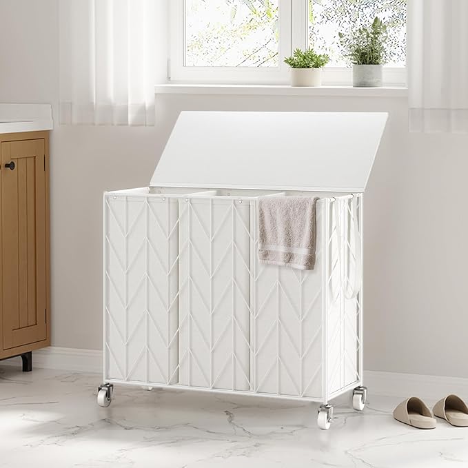 WOWLIVE Laundry Basket with Wheels, 142L Laundry Hamper 3 Section with Lid, Dirty Clothes Hamper with Removable Bags, Large Capacity Iron-Made Laundry Basket Organizer Laundry Sorter for Dorm, White