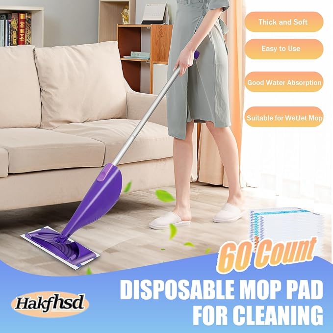 60 Pack Disposable Mop Pad Refillsfor Swiffer Wet Pads Refill Replacement for Swiffer WetJet Spray Mop, 4 Layers Thickened Extra Strong Dirt Locking and Water Absorbent, Powerful Stain Removal
