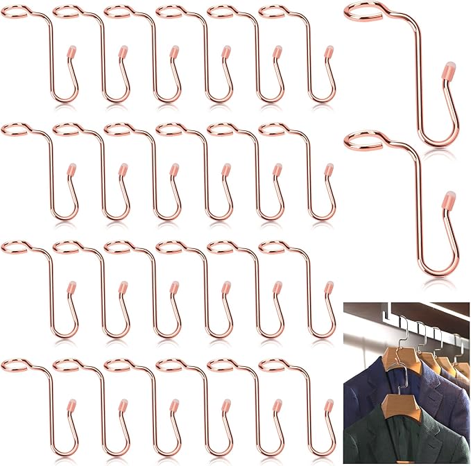 Rose Gold 50-Piece Metal Hanger Connector Hooks, 8.7 mm/0.34 Inch Hole Diameter, Space-Saving, Durable, Gentle on Clothes & Skin