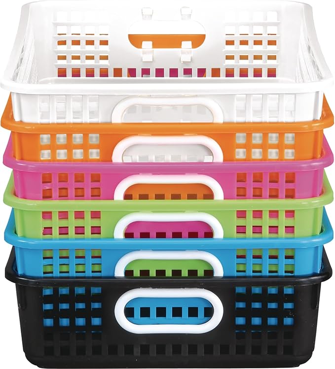 Really Good Stuff 6PK Plastic Desktop Paper Storage Basket for Classroom or Home–14”x10” Plastic Mesh Basket-Secure Papers Crease-Free–Neon Pop