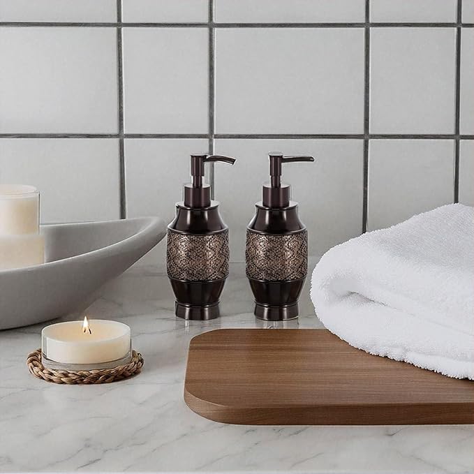 Creative Scents Dublin Brown Bathroom Soap Dispenser Set of 2 - Decorative 8 Oz. Hand Soap and Lotion Dispenser Set with Durable Matching Pumps - Brown Bathroom Accessories Sets Countertop