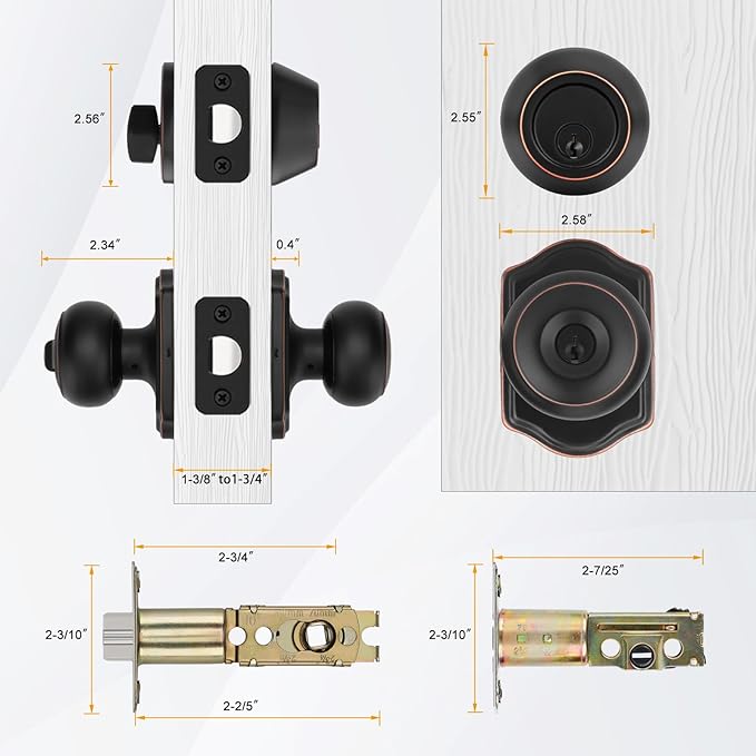 Haidms Exterior Deadbolt and Keyed Entry Bronze Door Knob Set, Keyed Entry-Different Front Door Knobs, Deadbolt Oil Rubbed Bronze Doorknob with Lock and Key(2 Pack)
