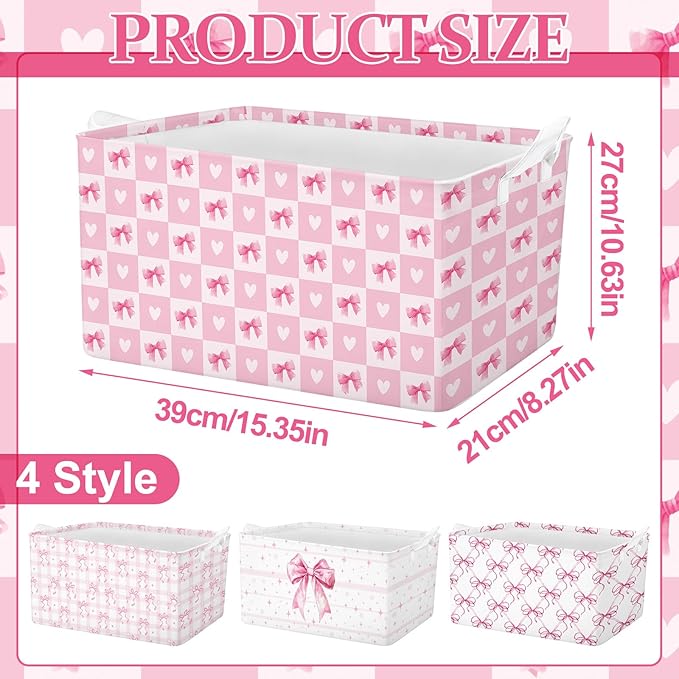 4 Pcs Pink Bow Storage Basket for Gifts Collapsible Girls Coqutte Pink Storage Bins with Handle Cute Preppy Foldable Laundry Organizer for Home Bathroom Bedrooms Baby Clothes Toys Books