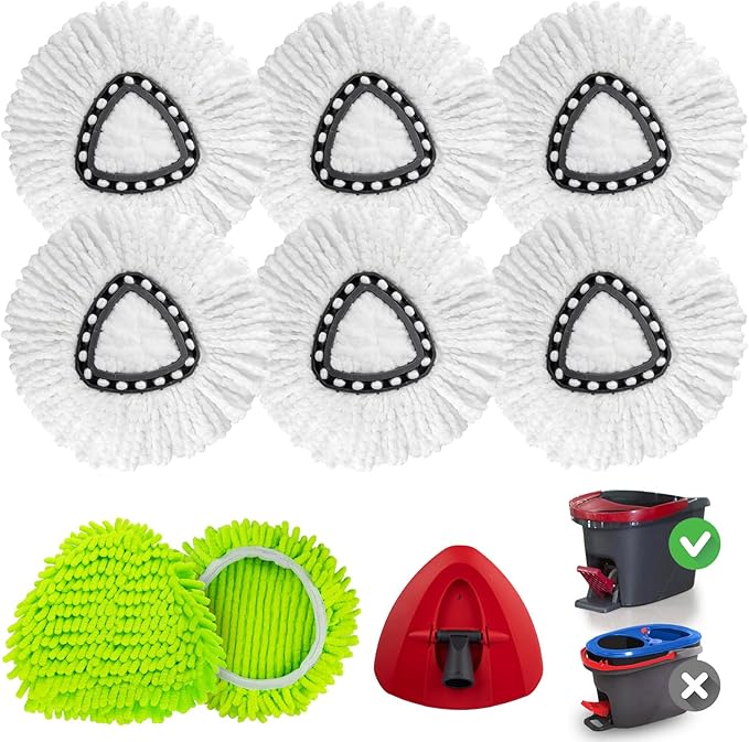 Spin Mop Replacement Heads Compatible with Ocedar EasyWring 1-Tank System, Duster Mop Head for Ocedar, 6 Pack Spin Mop Refills, 2 Pack Chenille Mop Pads, 1 Mop Base for deep Cleaning