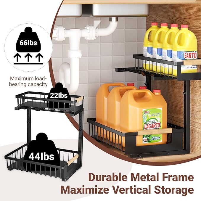 GUUKAR Under Sink Organizer 2-Pack Pull out Cabinet Organizer 2 Tier Metal Shelf Undersink Rack for Kitchen Bathroom Pantry Cabinet Organization and Storage, Black